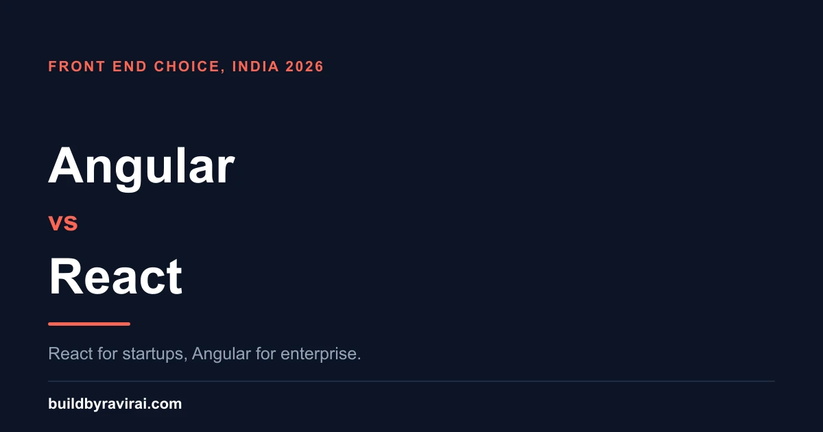 Dark navy cover reading Angular versus React, with the line React for startups, Angular for enterprise.