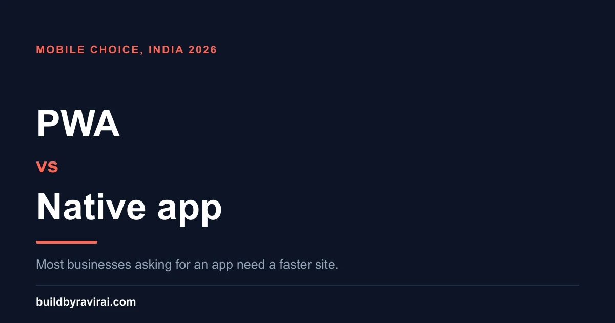 Dark navy cover reading PWA versus Native app, with the line most businesses asking for an app need a faster site.